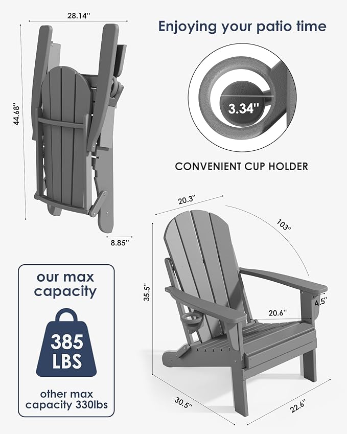 Folding Adirondack Chairs Set of 2, All-Weather Resistant HDPE Patio Firepit Chairs, Sturdy Outside Chairs with Cup Holder, Lawn Chairs, 80% Pre-Installed Load Capacity 385lb, Slate Grey
