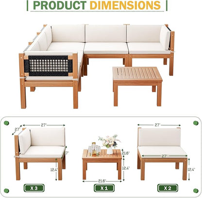 Devoko Outdoor Sectional Couch 6 Pieces Patio Sectional Sofa with Acacia Wood Coffee Table, Outdoor L-Shaped Couch with All-Weather Cushion for Patio,Deck,Backyard(White)