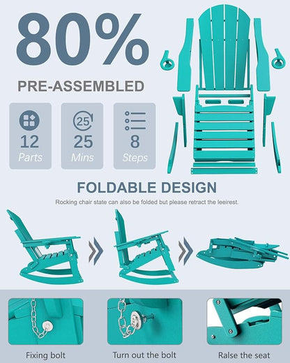 Adirondack Rocking Chairs Set of 6 with Retractable Ottoman, All Weather Folding Adirondack Chair with Two Cup Holders, Adirondack Outdoor Rocking Chairs for Porch, Patio, Balcony. Lake Blue