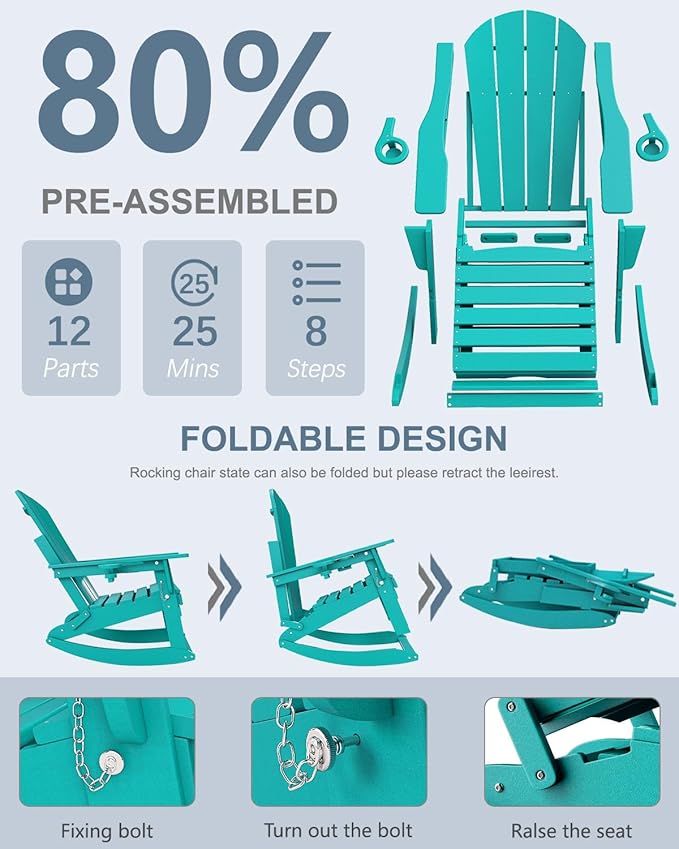 Adirondack Rocking Chair with Retractable Ottoman, All Weather Folding Adirondack Chair with Two Cup Holders, Adirondack Outdoor Rocking Chairs for Porch, Patio, Balcony. Lake Blue