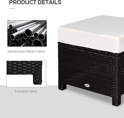 Outsunny 2 Piece 20" Patio Wicker Ottoman with Thick Padded Cushion, Multipurpose Outdoor PE Rattan Footrest, Additional Seating, Side Table, Black, White