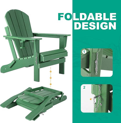 Adirondack Chairs Set of 2 with Cushions & Cup Holders, HDPE Weather Resistant Folding Adirondack Chair for Adults, Outdoor Fire Pit Chairs for Patio/Porch/Swimming Pool/Garden (2, Green)