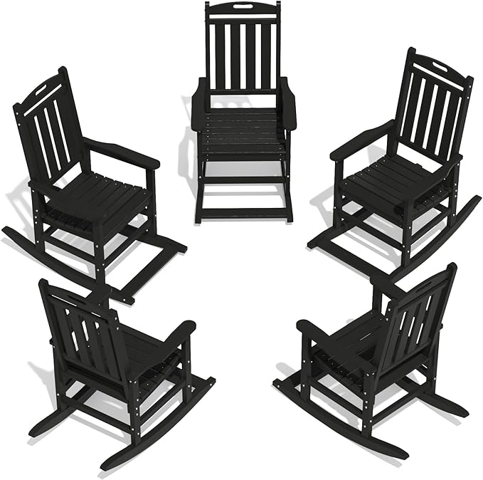 LOUNZY Outdoor Rocking Chair with Footboards Set of 5, HDPE Rocking Chair Patio Porch Rocker with 380lbs Support for Adult, Black
