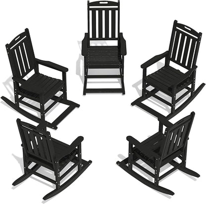 LOUNZY Outdoor Rocking Chair with Footboards Set of 5, HDPE Rocking Chair Patio Porch Rocker with 380lbs Support for Adult, Black