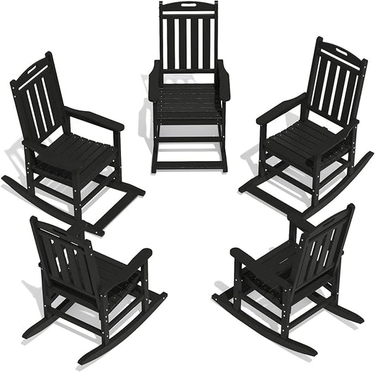LOUNZY Outdoor Rocking Chair with Footboards Set of 5, HDPE Rocking Chair Patio Porch Rocker with 380lbs Support for Adult, Black