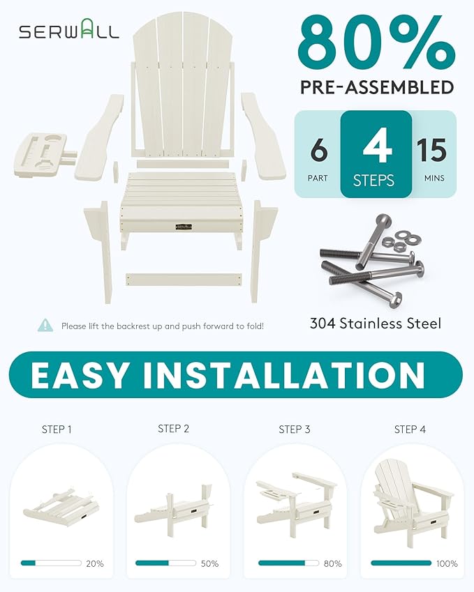 SERWALL Folding Adirondack Chair Set of 2, Adirondack Chairs with 4 in 1 Multi-Functional Cup Holder, All Weather Patio Chair with Wood Texture, Fire Pit Chairs for Outdoor, Garden, Backyard - White
