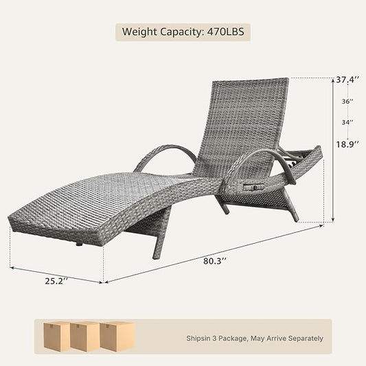Set of 6 Gray Outdoor Chaise Lounge Chairs, Wicker Patio Lounge Chairs with Adjustable Backrest and Armrests, Durable PE Rattan Pool Chair for Patio, Poolside and Garden