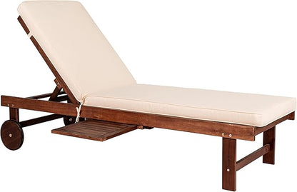 JONATHAN Y PAT1003B Seabrook 69 x 24 Inch Outdoor Acacia Wood Lounger with Cushion, 5-Position Back, Slide Table & Wheels for Garden, Lawn, Backyard, Pool, Deck, Beach, Firepit, Light Brown