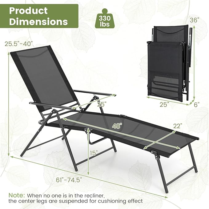 Tangkula Outdoor Lounge Chairs Set of 2, Patio Folding Chaise Recliner with 6-Level Backrest - Photo 3