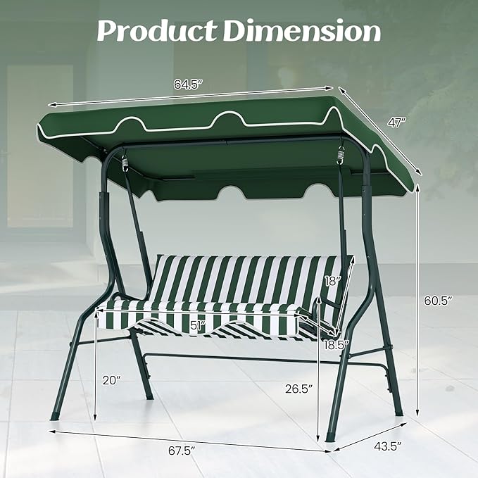 Tangkula 3 Person Porch Swing, Patio Swing with Removable Cushion & Powder-Coated Steel Frame - Photo 6
