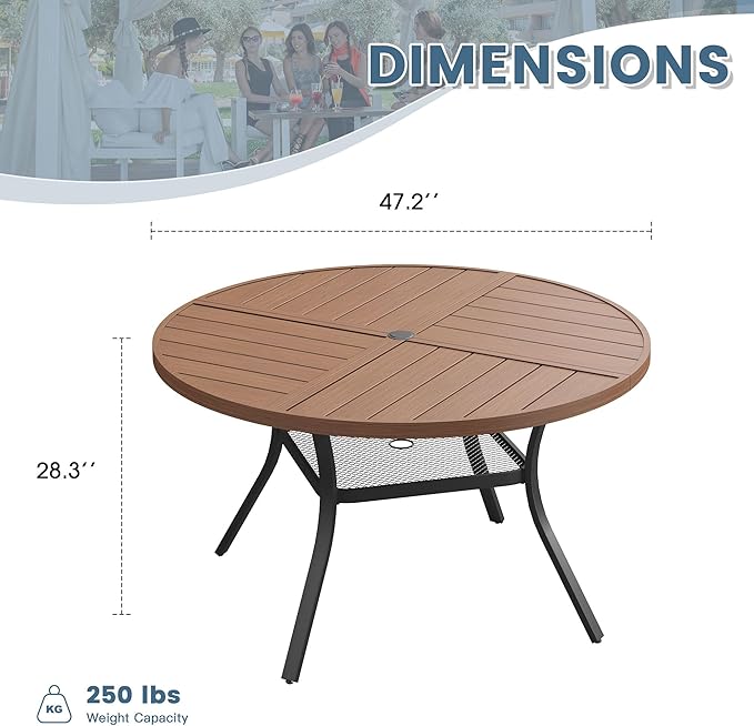 DIFY 47.2" Round Outdoor Patio Dining Table for 6, Metal Patio Table with 1.57" Adjustable Umbrella Hole - Photo 3