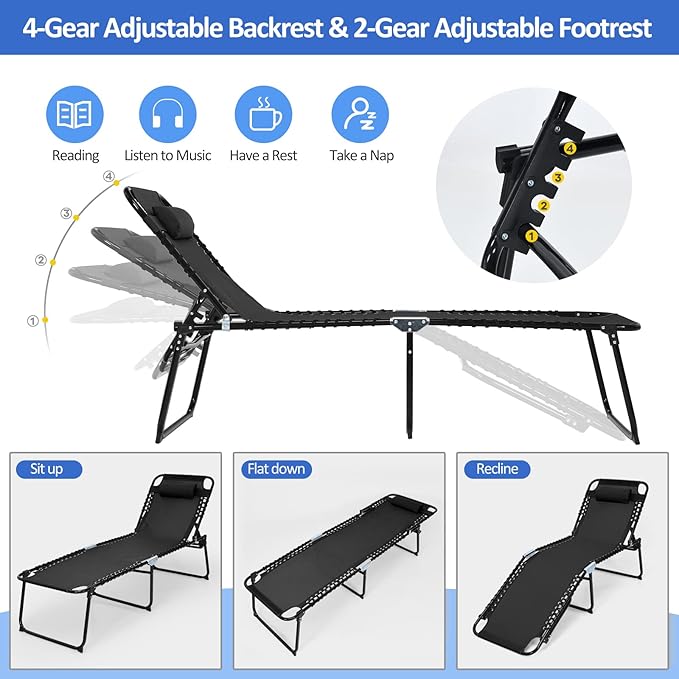 COSTWAY Folding Chaise Lounge Chair, Foldable Pool Lounger with 4-Position Adjustable Backrest - Photo 4