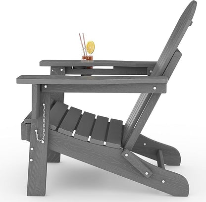 Folding Adirondack Chair, All-Weather HDPE Outdoor Chair, Wooden Textured with Cup Holder for patios, Decks, Gardens, fire pits, Grey