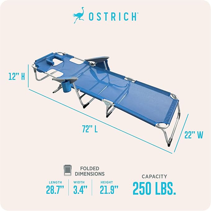 Ostrich the Margate Chaise Lounge, Facedown Pool Tanning Chair, Portable Outdoor Lounger for Beach and Camping, Breathable Mesh Fabric, Blue