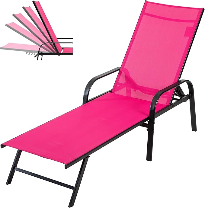 DUMOS Foldable Chaise Lounge Chair, 5-Position Beach Lounge Recliner Chair with Armrests, Outdoor Sun Chairs with Metal Frame for Patio Backyard Poolside Seating, Pink