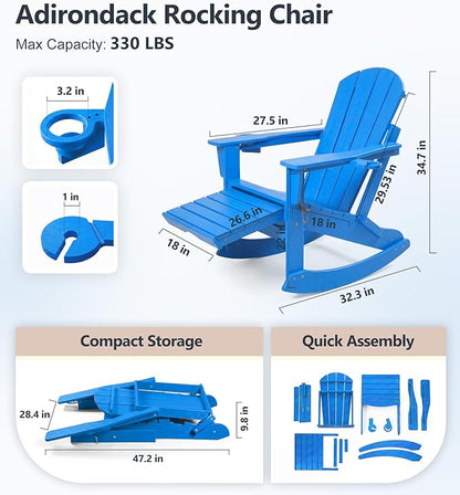 PASAMIC Adirondack Rocking Chairs Set of 2, Foldable All-Weather HDPE Patio Rockers with Retractable Ottoman & Cup Holder, Outdoor Chairs for Porch Backyard Pool Garden Balcony, Blue