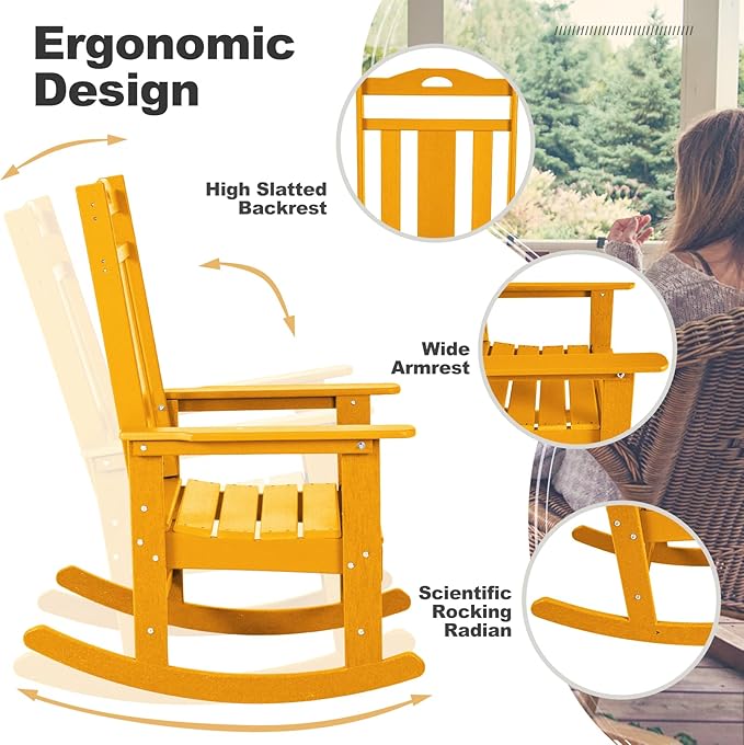 nalone Outdoor Rocking Chairs Set of 2, Oversized Porch Rocker Chair for Adult, All-Weather Resistant Patio Rocking Chair for Garden Lawn(Orange)