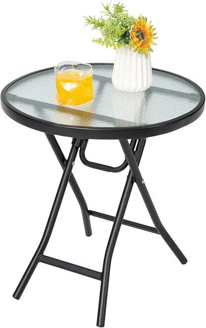 Tangkula Patio Bistro Table, 18" Round Side Table with Tempered Glass Tabletop, Rustproof Frame and Stable X-Shaped Structure, Folding Side Table for Indoor and Outdoor Use