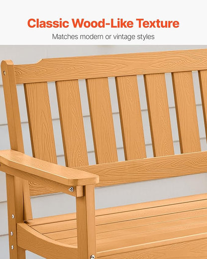 VEVOR Outdoor Bench, 50.5 inch, 800 lbs Weight Capacity for 2-3 Persons, Weatherproof Plastic Frame with Backrest and Wide Armrests, Outside Bench for Patio, Garden, Park, Yard, Natural Wood Color