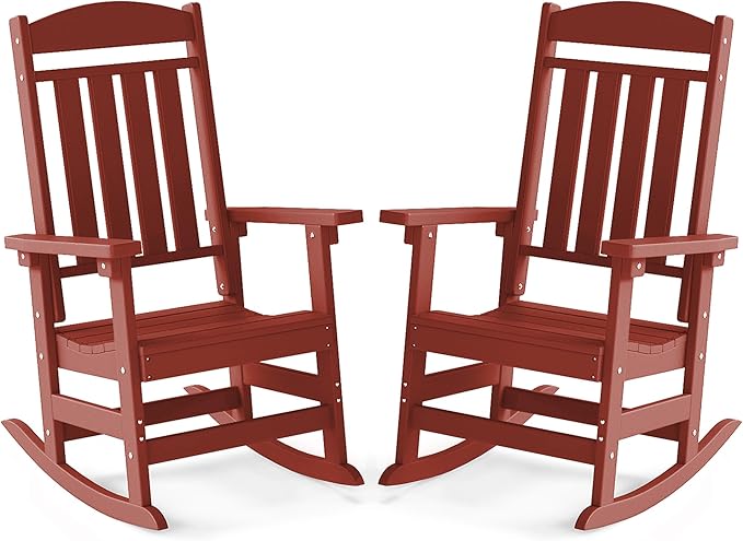 FOOWIN Outdoor Rocking Chair Set of 2, High Back Patio Rocking Chair, HDPE All Weather Resistant Porch Rocker for Adult, Oversized Rocking Chairs for Garden, Lawn, Indoor & Outdoor Use, Dark Red