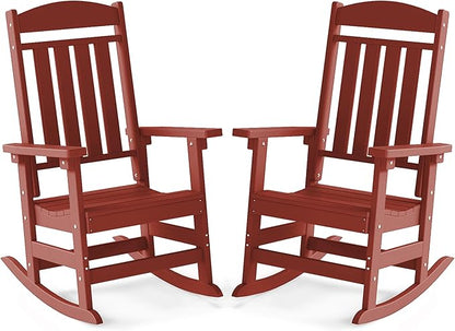 FOOWIN Outdoor Rocking Chair Set of 2, High Back Patio Rocking Chair, HDPE All Weather Resistant Porch Rocker for Adult, Oversized Rocking Chairs for Garden, Lawn, Indoor & Outdoor Use, Dark Red
