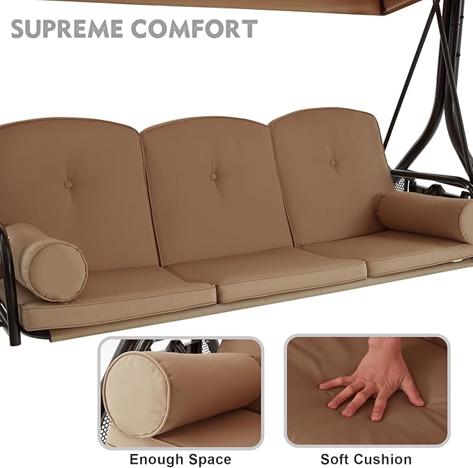 HOMREST 3 Seat Outdoor Porch Swing with Adjustable Canopy, Convertible Patio Swing Bed with Stand - Photo 8