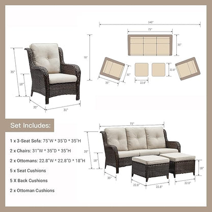 HUMMUH Outdoor Furniture 6 Pieces Patio Furniture Set Wicker Outdoor Sectional Sofa with 2 Patio Chairs,Ottomans,Coffee Table…