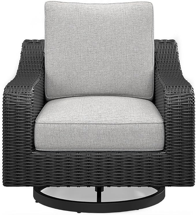 Signature Design by Ashley Beachcroft Casual Outdoor Weather Resistant Rust Free Swivel Lounge Chair with Removable Cushion, Light Gray & Black