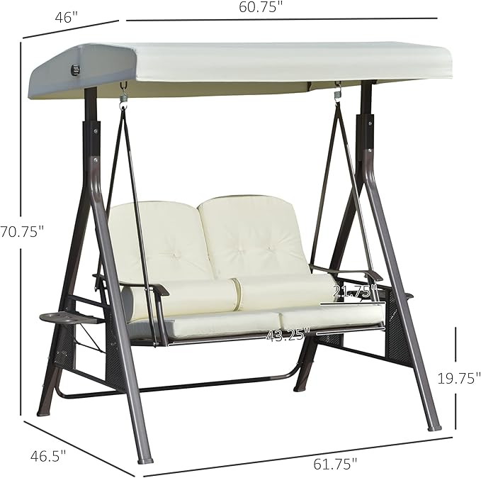 Outsunny 2-Person Patio Swing Bench with Adjustable Shade Canopy, Soft Cushions, Throw Pillows and Tray, Beige.