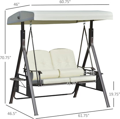 Outsunny 2-Person Patio Swing Bench with Adjustable Shade Canopy, Soft Cushions, Throw Pillows and Tray, Beige.