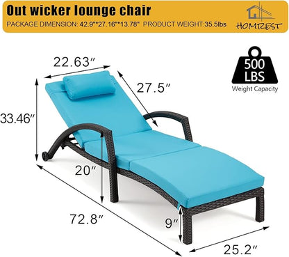 HOMREST Outside Chaise Lounge Chairs Set of 2, Adjustable 5 Position Outdoor PE Rattan Wicker Patio Pool Lounge Chair with Cushion, Arm, Pillow and Wheels for Poolside Backyard Deck Porch,Blue