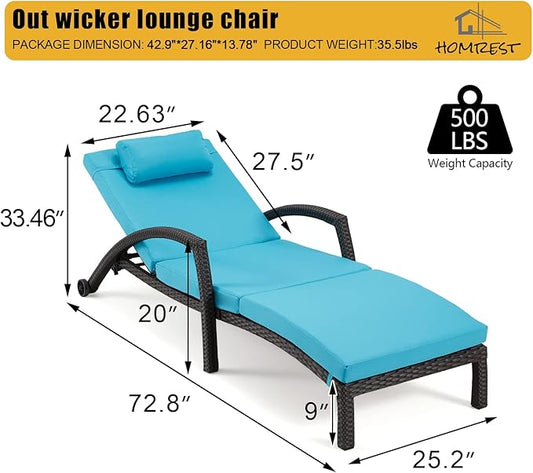 HOMREST Outside Chaise Lounge Chairs Set of 2, Adjustable 5 Position Outdoor PE Rattan Wicker Patio Pool Lounge Chair with Cushion, Arm, Pillow and Wheels for Poolside Backyard Deck Porch,Blue
