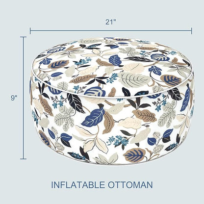 LVTXIII Outdoor Inflatable Ottoman, 21"x21"x9" Patio Fade-Resistant Footrest Stool with Handle, Portable Round Ottoman Pouf for Patio Garden, Camping or Home Use, Breeze Leaves Beige