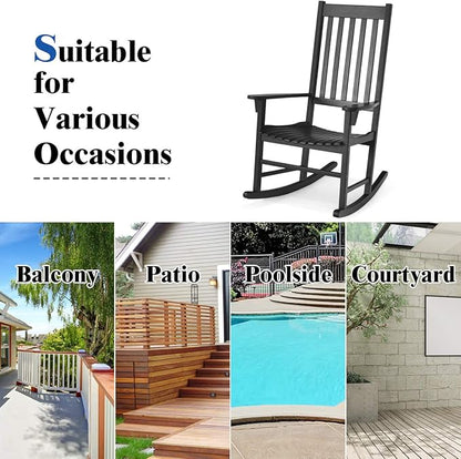 Tangkula Acacia Wood Porch Rocking Chair, Wooden Rocking Chair Rocker with High Back & Armrest for Indoor Outdoor Use, Patio Rocker for Garden Lawn Balcony Backyard Poolside (1, Black)