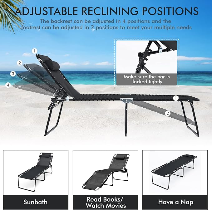 Goplus Chaise Lounge Chair, Folding 5-Postion Beach Lounge Chair with Detachable Pillow, Sunbathing Lounger - Photo 5