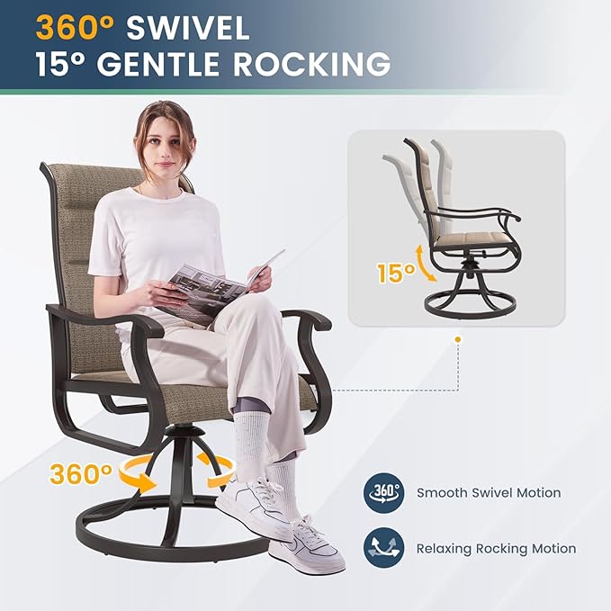 Amopatio Padded Patio Swivel Chairs Set of 4, Outdoor Dining Chairs with Ultra Soft Textilene High Back Seat & Metal Rocker Frame, for Backyard Deck Lawn Garden, Brown