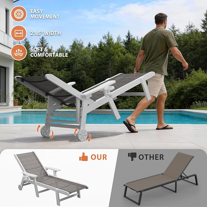 Outdoor Chaise Lounge Chair with Table Set of 3, 5-Position Adjustable Pool Lounge Chair with Wheels & Cup Holder - Photo 4