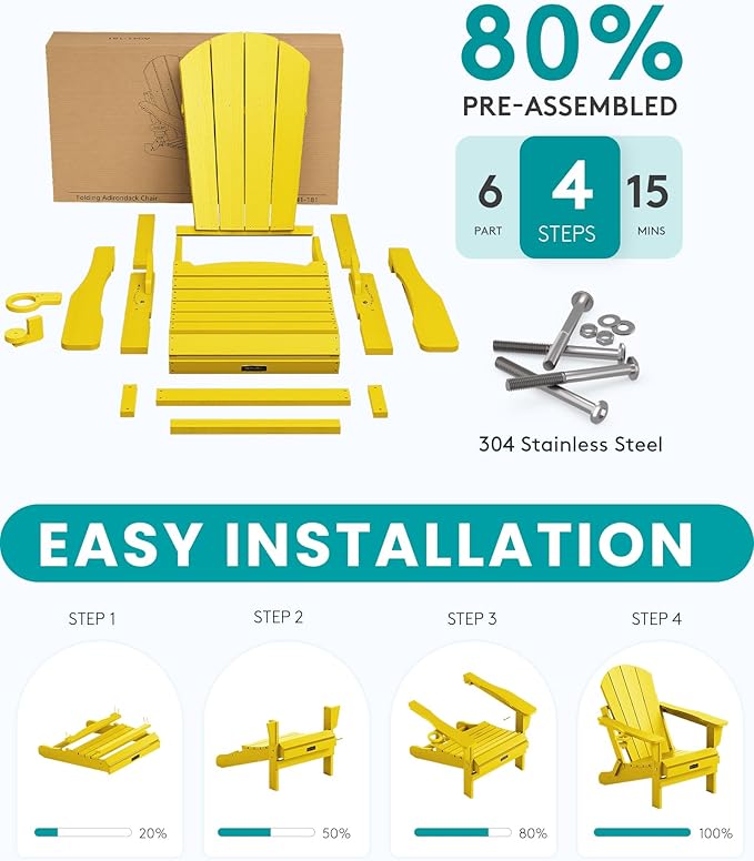 SERWALL Folding Adirondack Chair Outdoor Adirondack Chairs with Cup Holder, Weather Resistant Fire Pit Chairs for Patio - Yellow