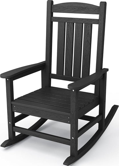 KINGYES Outdoor Rocking Chairs, HDPE All-Weather Patio Rocking Chairs High Back Porch Rocker for Adult, Black