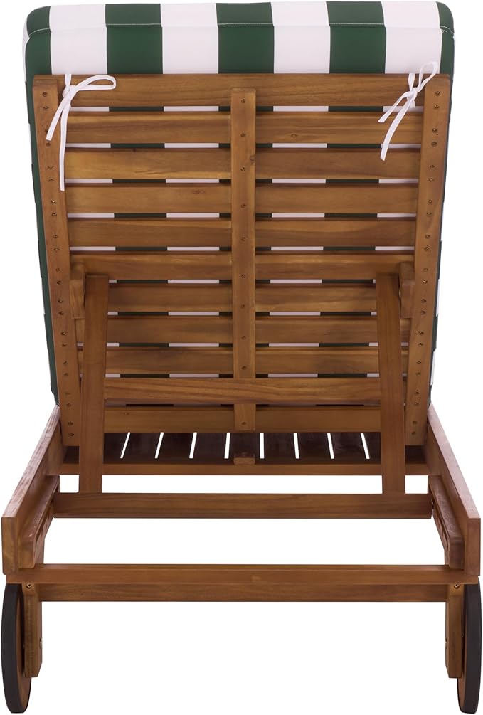 SAFAVIEH Outdoor Patio Furniture Collection - Newport Natural Solid Wood Chaise Lounge Chair with Green Stripe Cushion, Adjustable Backrest (PAT7316H)