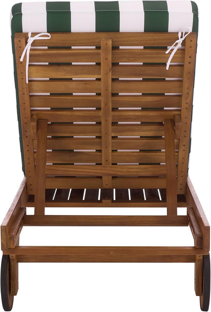 SAFAVIEH Outdoor Patio Furniture Collection - Newport Natural Solid Wood Chaise Lounge Chair with Green Stripe Cushion, Adjustable Backrest (PAT7316H)