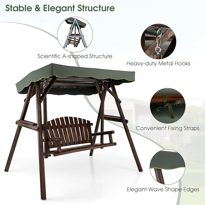 Tangkula Wooden Porch Swing, 2 Person A-Frame Outdoor Swing with Adjustable Canopy, Armrest, 2 Side Tables - Photo 4