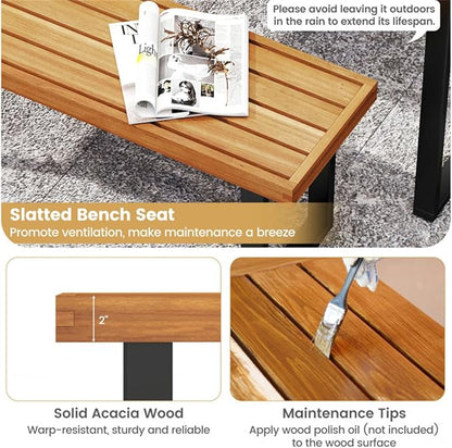 Outdoor Dining Bench Set of 2, Solid Acacia Wood Patio Garden Bench, 800 LBS Weight Capacity Backless Bench with Metal Legs, 48 Inch