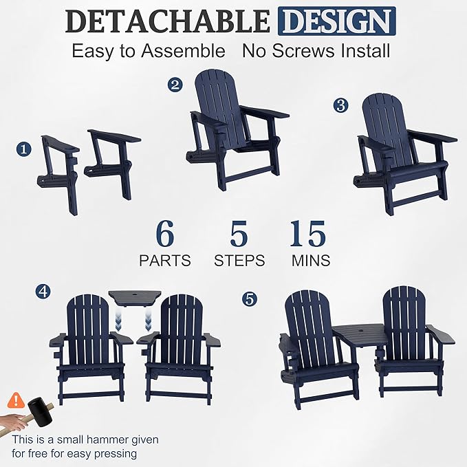Vongrasig Adirondack Chairs Set of 2 with Removable Tabletop, All-Weather HDPE Outdoor Chair Set with Wooden Textured, Cup Holder for Patio, Poolside, Deck, Garden, Dark Blue
