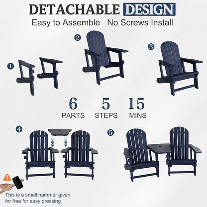 Vongrasig Adirondack Chairs Set of 2 with Removable Tabletop, All-Weather HDPE Outdoor Chair Set with Wooden Textured, Cup Holder for Patio, Poolside, Deck, Garden, Dark Blue
