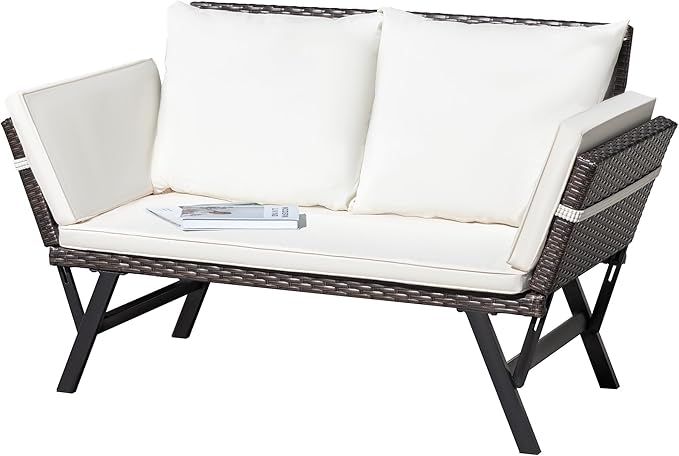Greesum Outdoor Sofa, Woven Rattan Patio Furniture, Convertible Daybed or Double Chair with Adjustable Armrests - Photo 1