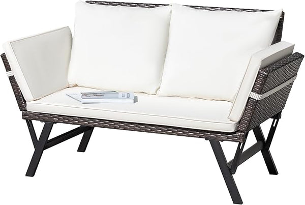 Greesum Outdoor Sofa, Woven Rattan Patio Furniture, Convertible Daybed or Double Chair with Adjustable Armrests - Photo 1