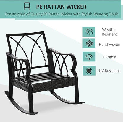 Outsunny Outdoor Wicker Rocking Chair with Padded Cushions, Aluminum Furniture Rattan Porch Rocker Chair w/Armrest for Garden, Patio, and Backyard, Khaki