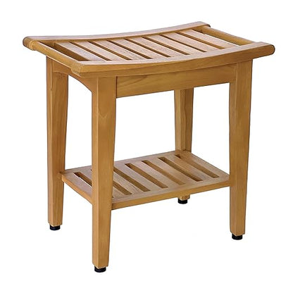 Kasa Solid Teak Indoor Outdoor Shower/Bath/Spa Stool Bench with Bottom Shelf, Fully Assembled, DB-916