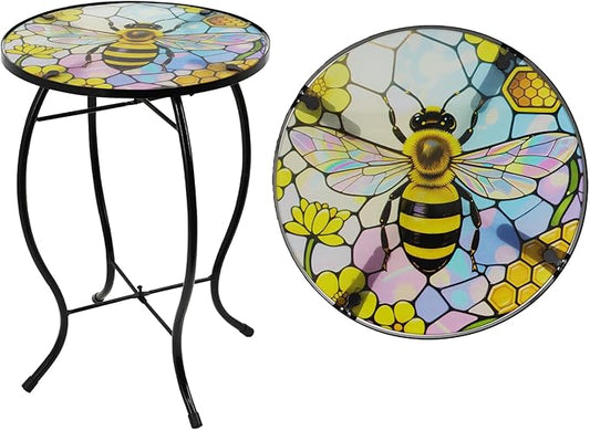 Small Side Table with Metal Frame, 10.5" Round Side Tables with Bee Pattern,Outdoor Table for Balcony,Terrace,Garden,Living Room